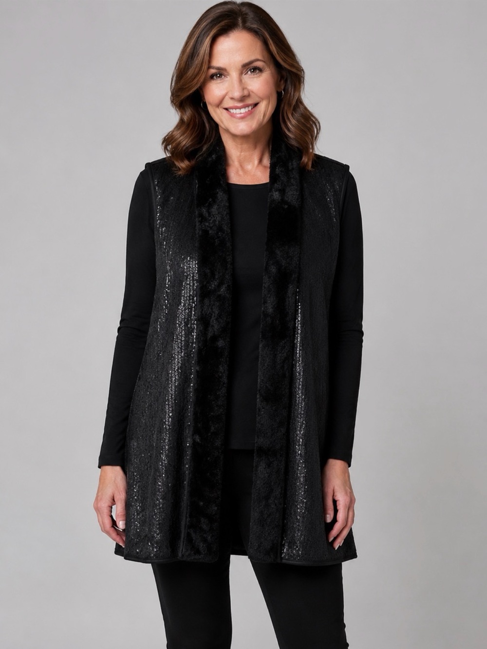 Ellen Tracy Medium Black Sequin Faux Fur Trim Long Vest Evening